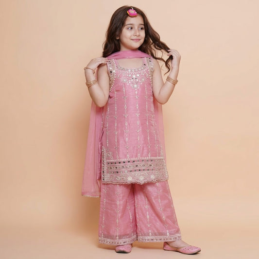 Girls pink kurta palazzo set with mirror-dot neckline, vine embroidery and sheer dupatta
