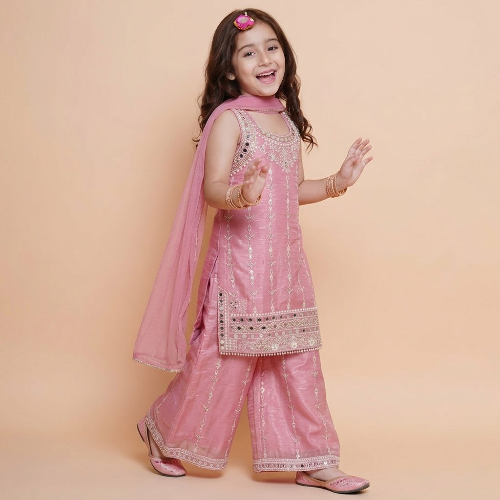 Angled view of girls sleeveless pink mirror work kurta and wide-leg embroidered palazzo