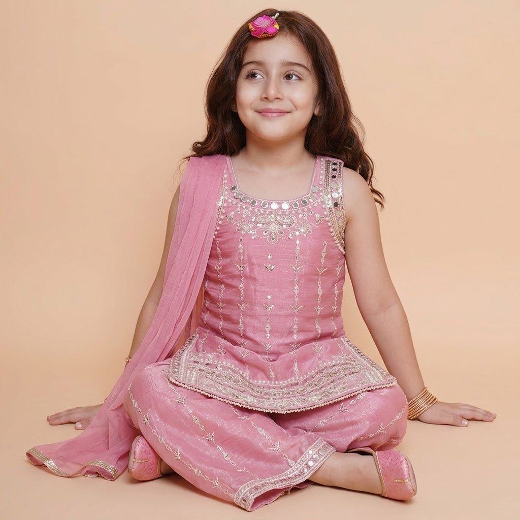 Girls pink kurta palazzo outfit seated cross-legged showing mirror-dot embroidery and matching dupatta