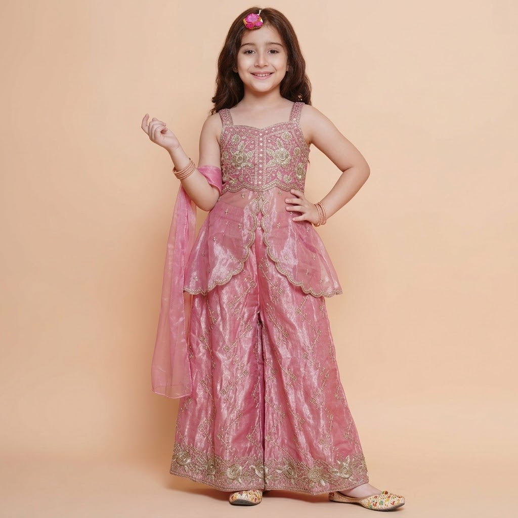 Girls dusty pink festive palazzo set with gold rose embroidery and sheer dupatta