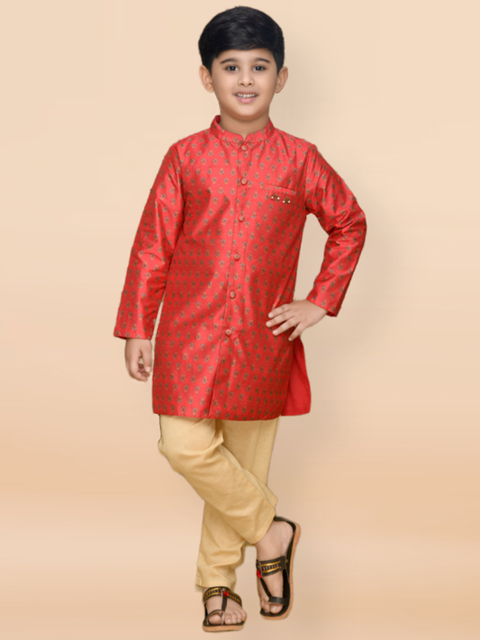 Purple Prunes Boys Maroon Poly Chanderi Achkan With Golden Cotton Pajama