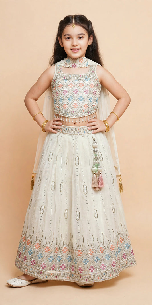 Girls ivory floral sequin lehenga twirling with dupatta styled at the neck