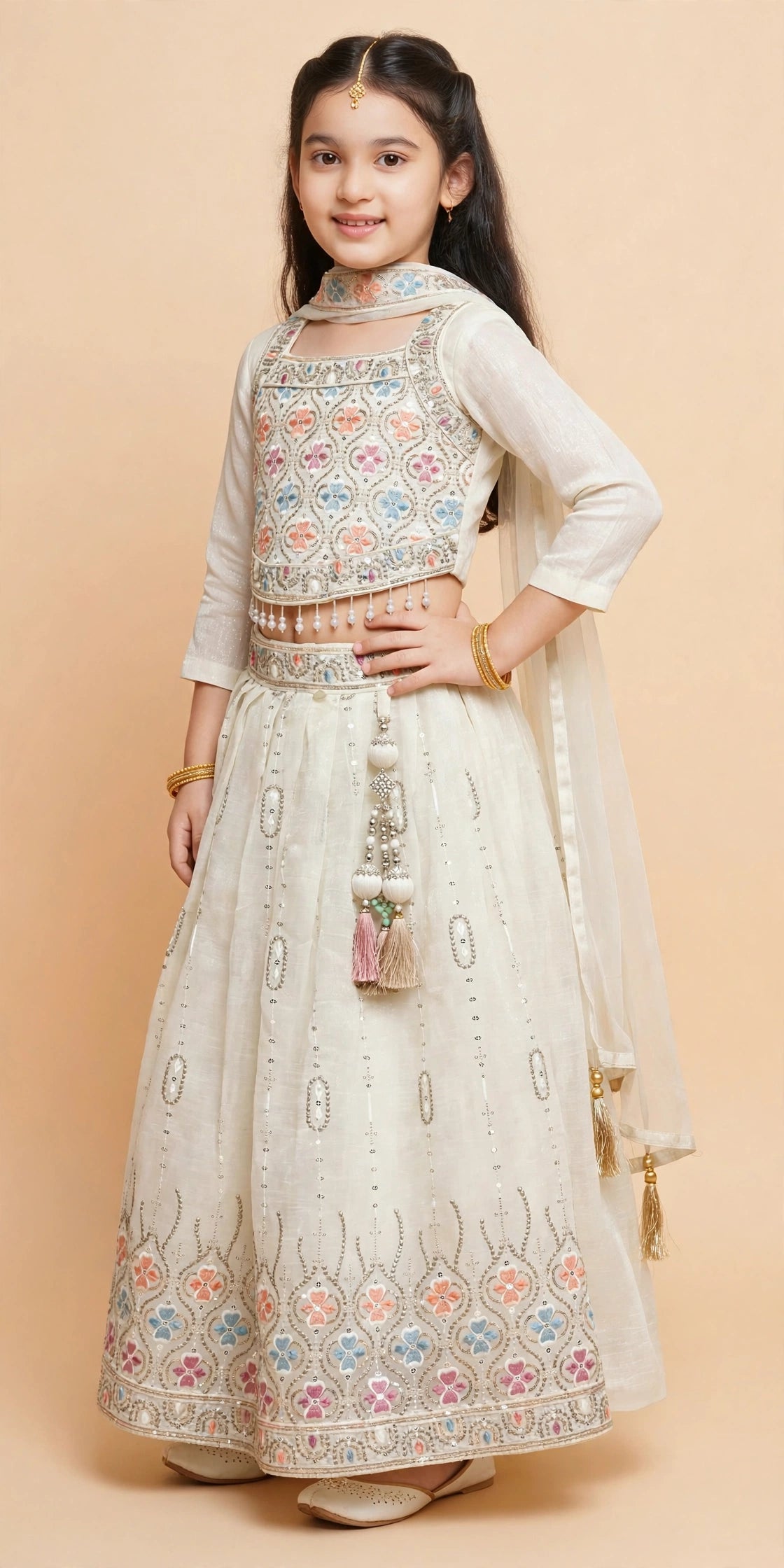 Front view of girls ivory multicolor floral lehenga choli with sheer dupatta