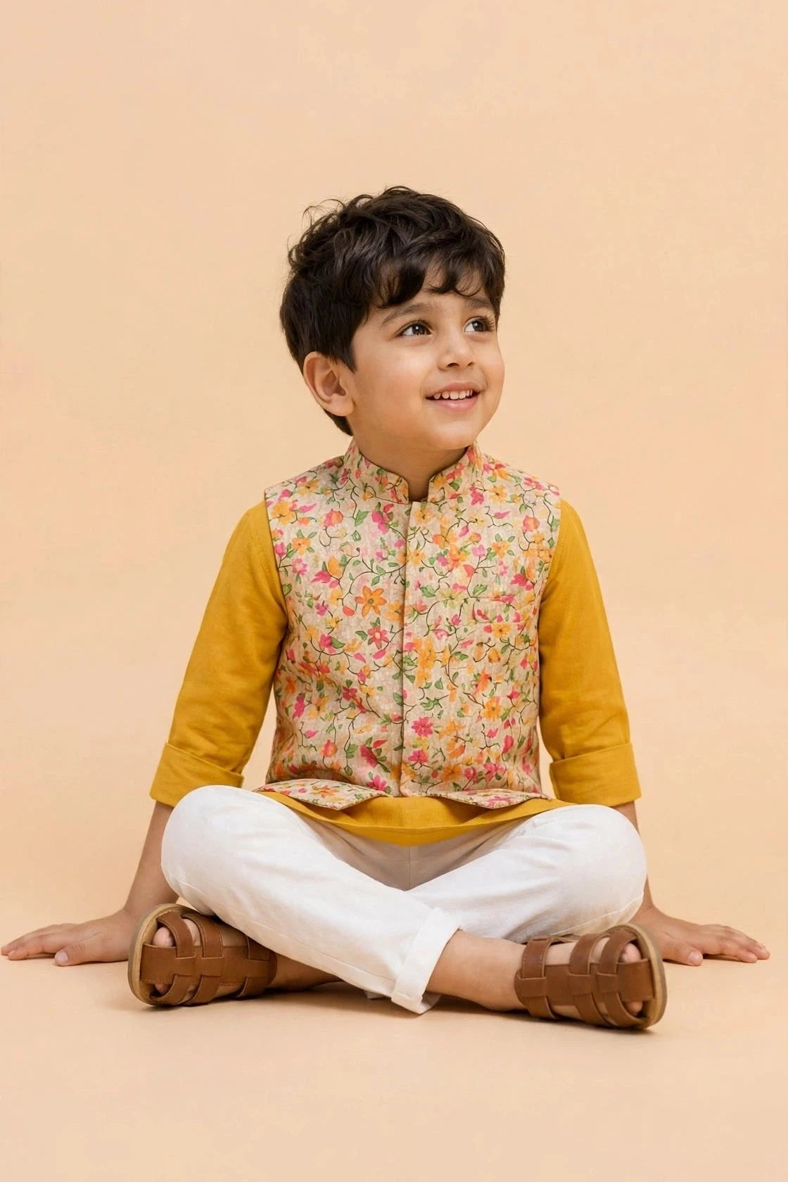 Boys Mustard Yellow Kurta Pyjama with Floral Nehru Jacket – Kids Haldi, Diwali & Wedding Outfit