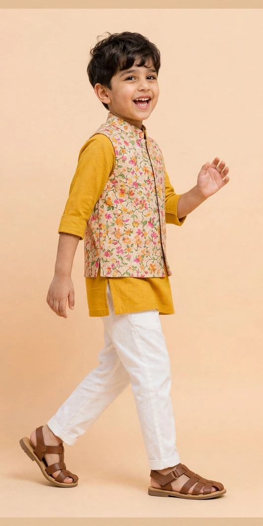 Boys Mustard Yellow Kurta Pyjama with Floral Nehru Jacket – Kids Haldi, Diwali & Wedding Outfit