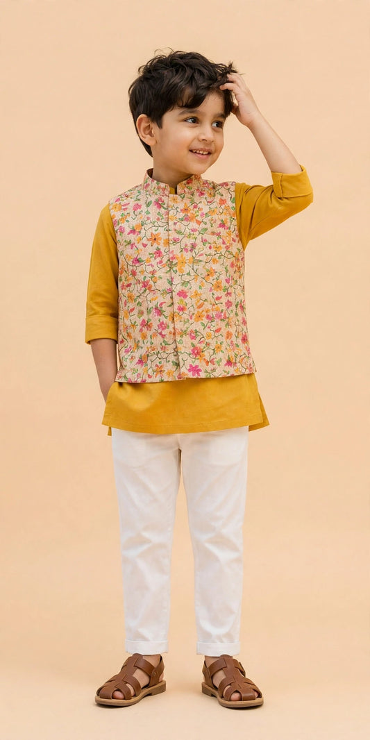 Boys Mustard Yellow Kurta Pyjama with Floral Nehru Jacket – Kids Haldi, Diwali & Wedding Outfit