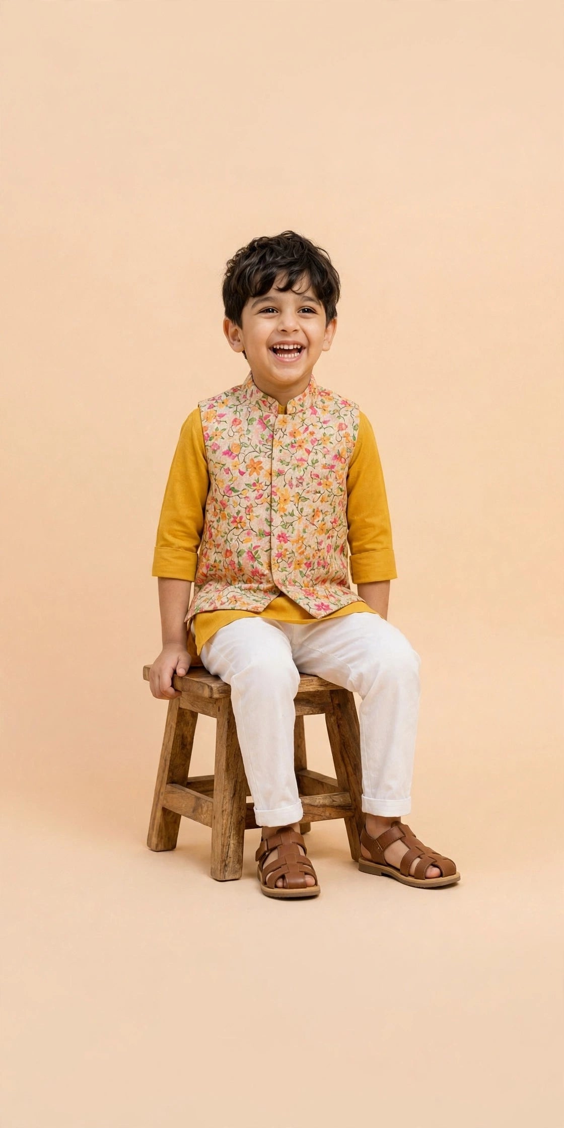Boys Mustard Yellow Kurta Pyjama with Floral Nehru Jacket – Kids Haldi, Diwali & Wedding Outfit