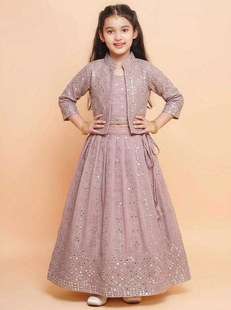Girls mauve jacket lehenga set with flared embellished skirt
