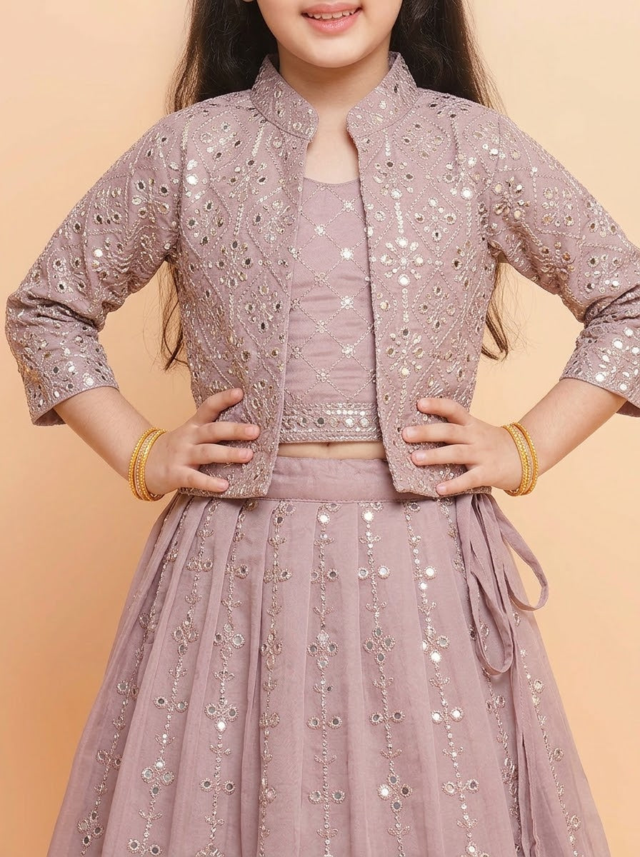 Girls mauve festive lehenga with three-quarter sleeve jacket and side ties