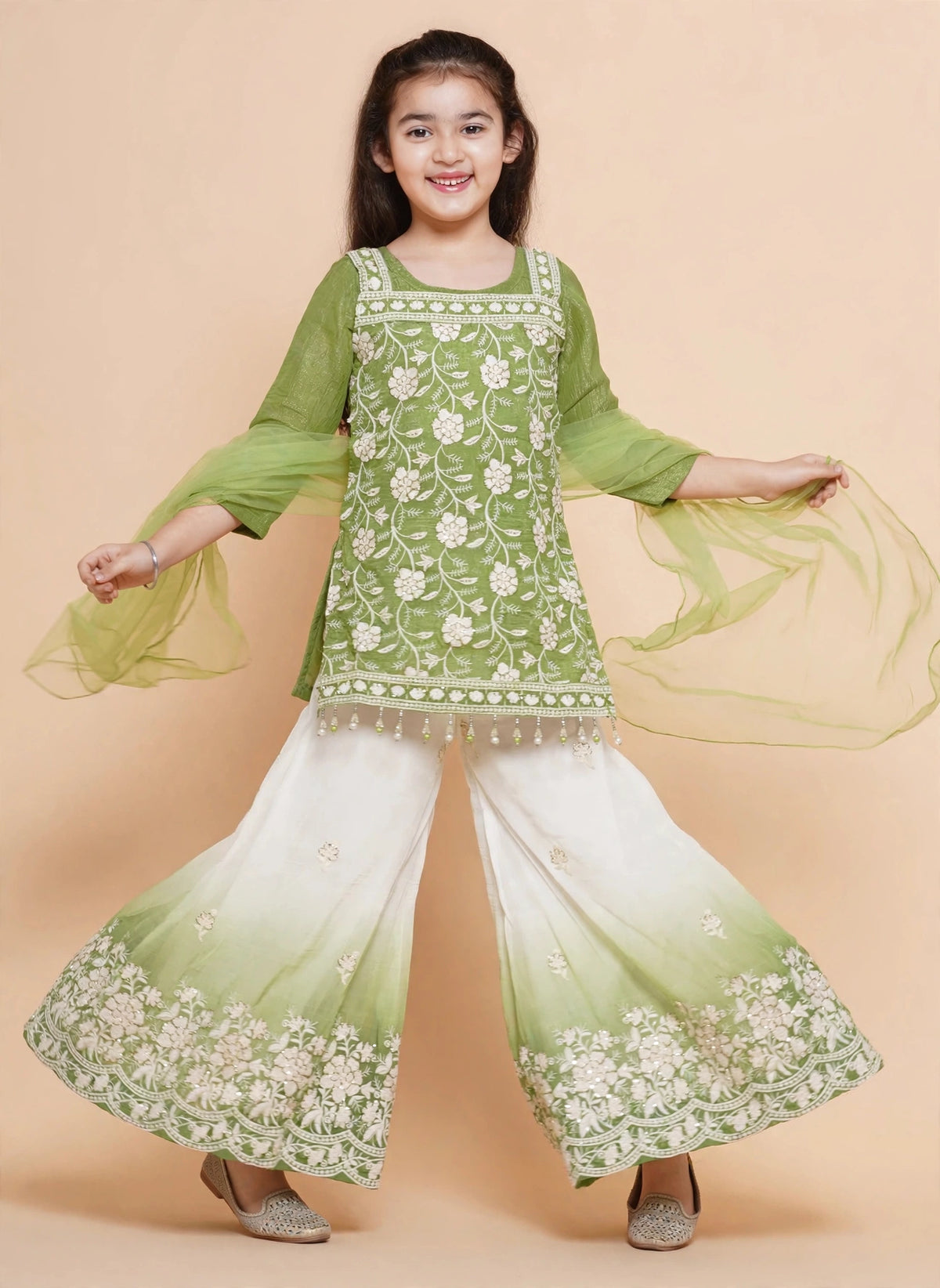 Girls sleeveless green embroidered kurti with flowing ombre palazzo pants