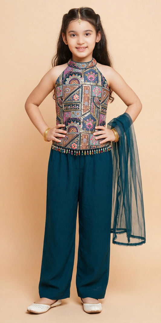 Front view of girls teal halter choli with multicolor patchwork embroidery, plain pajama and sheer dupatta