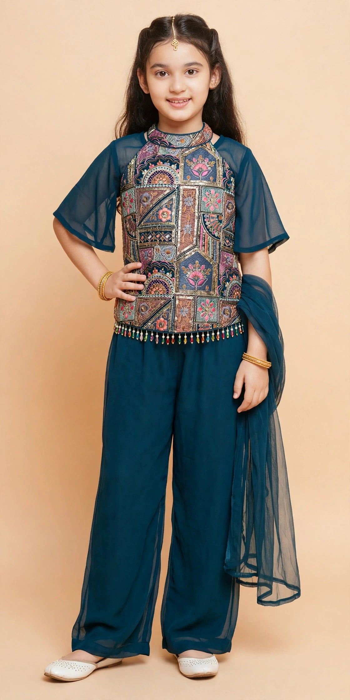Girls teal choli pajama set layered with the included sheer flutter-sleeve inner top