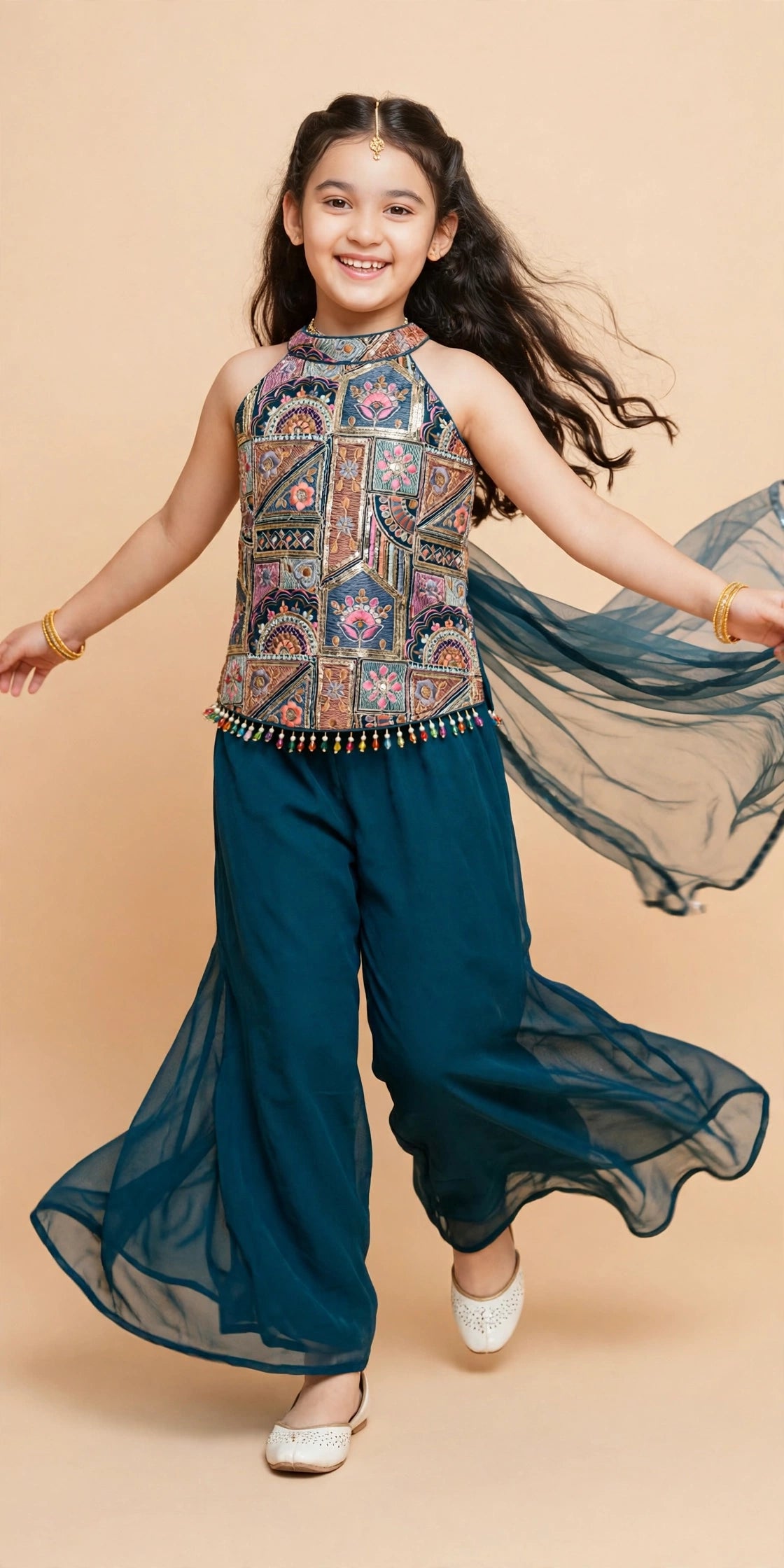 Girls sleeveless teal halter choli with colorful bead-drop fringe and flowing teal dupatta