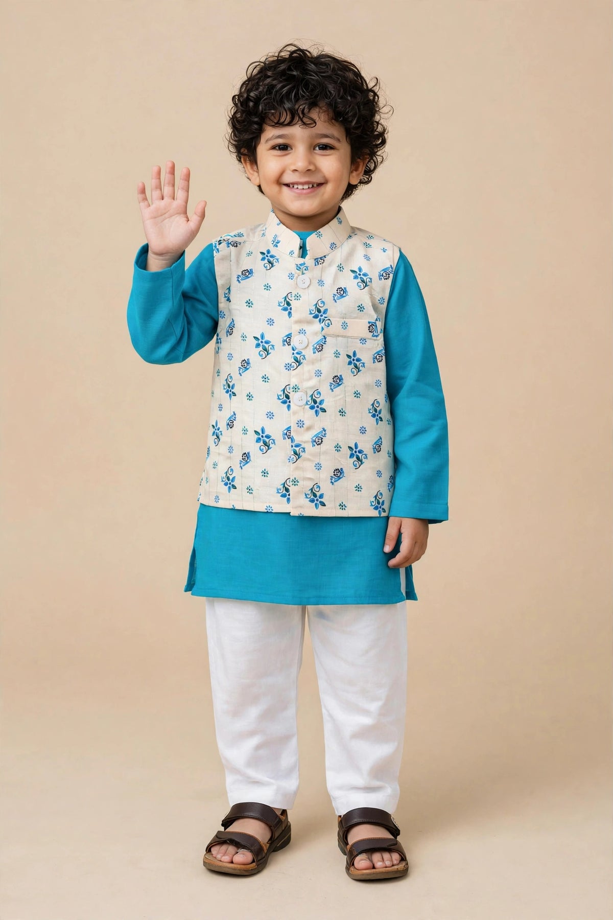 Boy seated wearing turquoise kurta, cream floral Nehru jacket and white pyjama