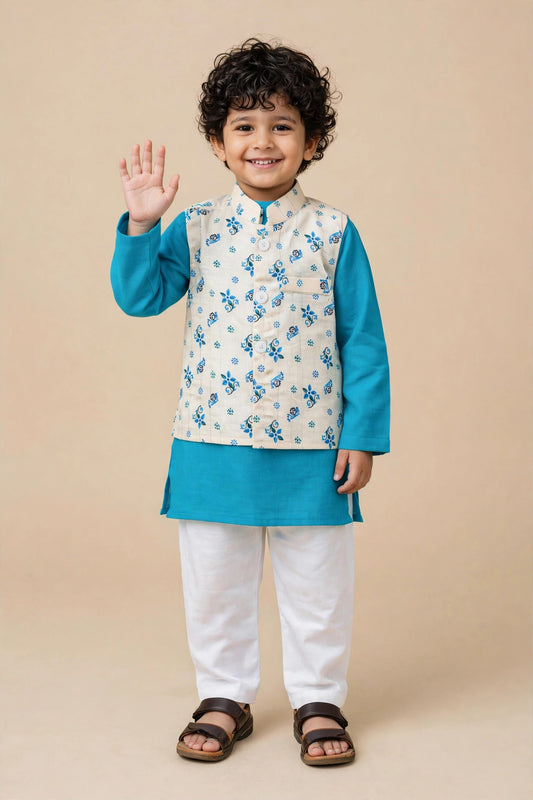 Boy seated wearing turquoise kurta, cream floral Nehru jacket and white pyjama