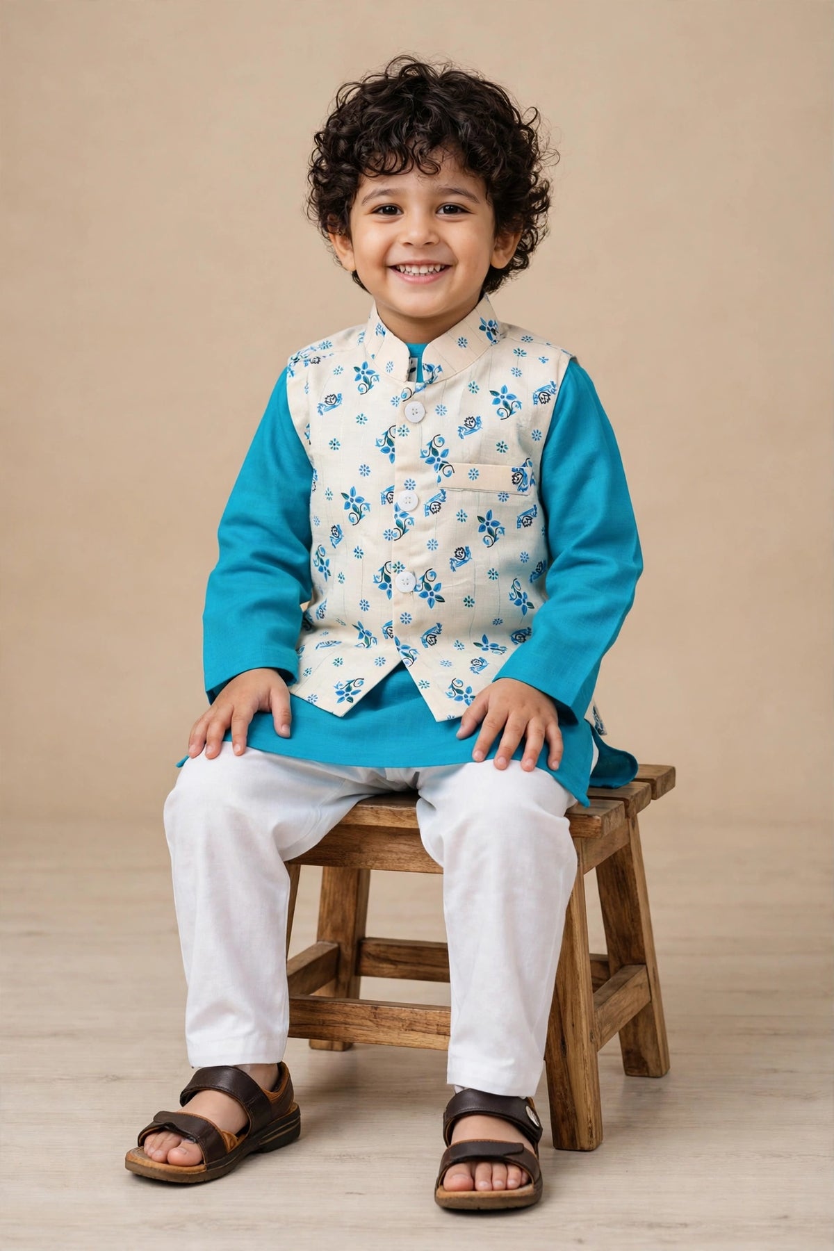 Boy waving in turquoise kurta pyjama set with cream floral Nehru jacket