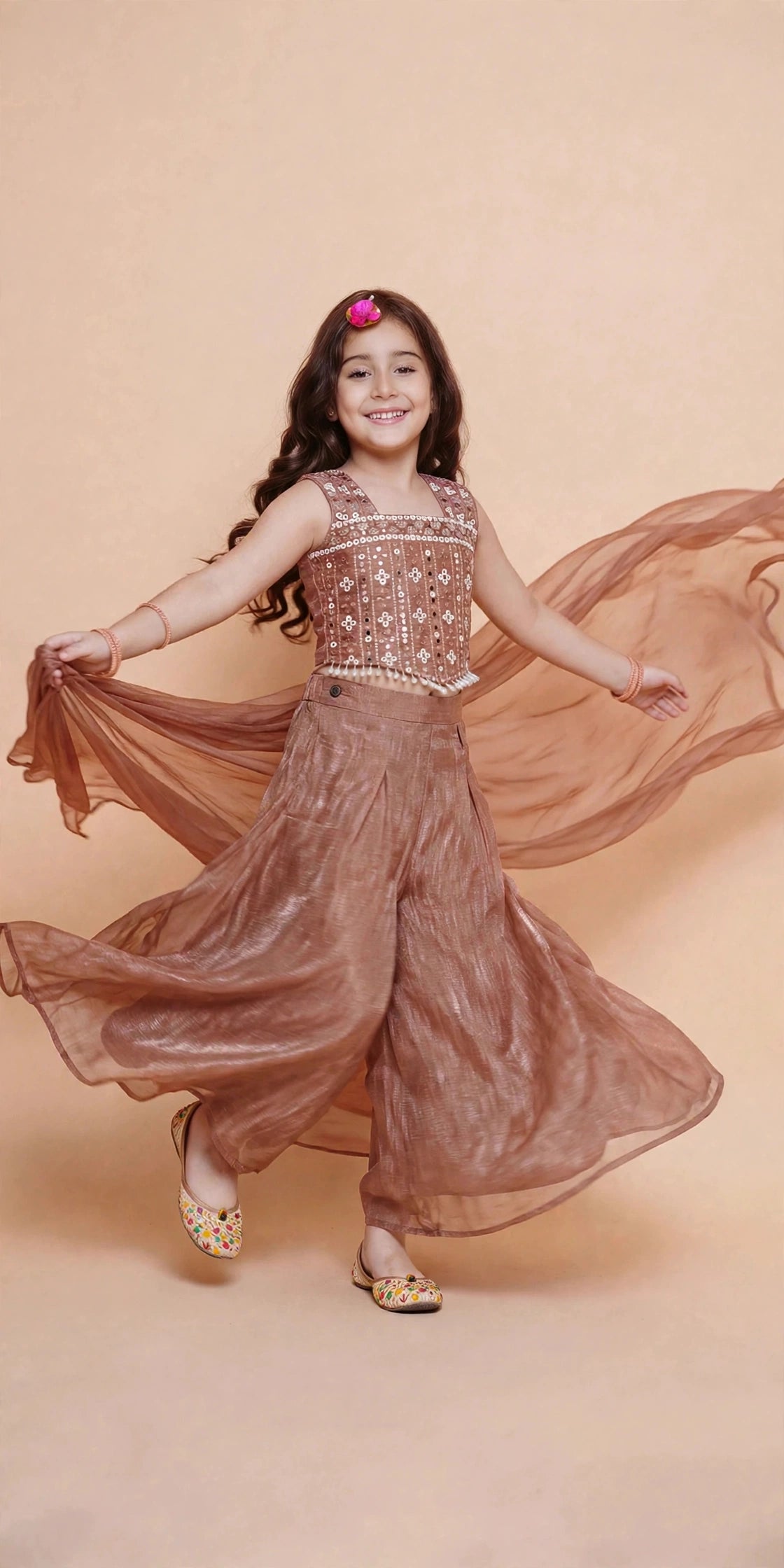 Girls Copper Brown Palazzo Set with Choli, Sleeve Inner Top & Dupatta – White Embroidered Festive Suit for Kids