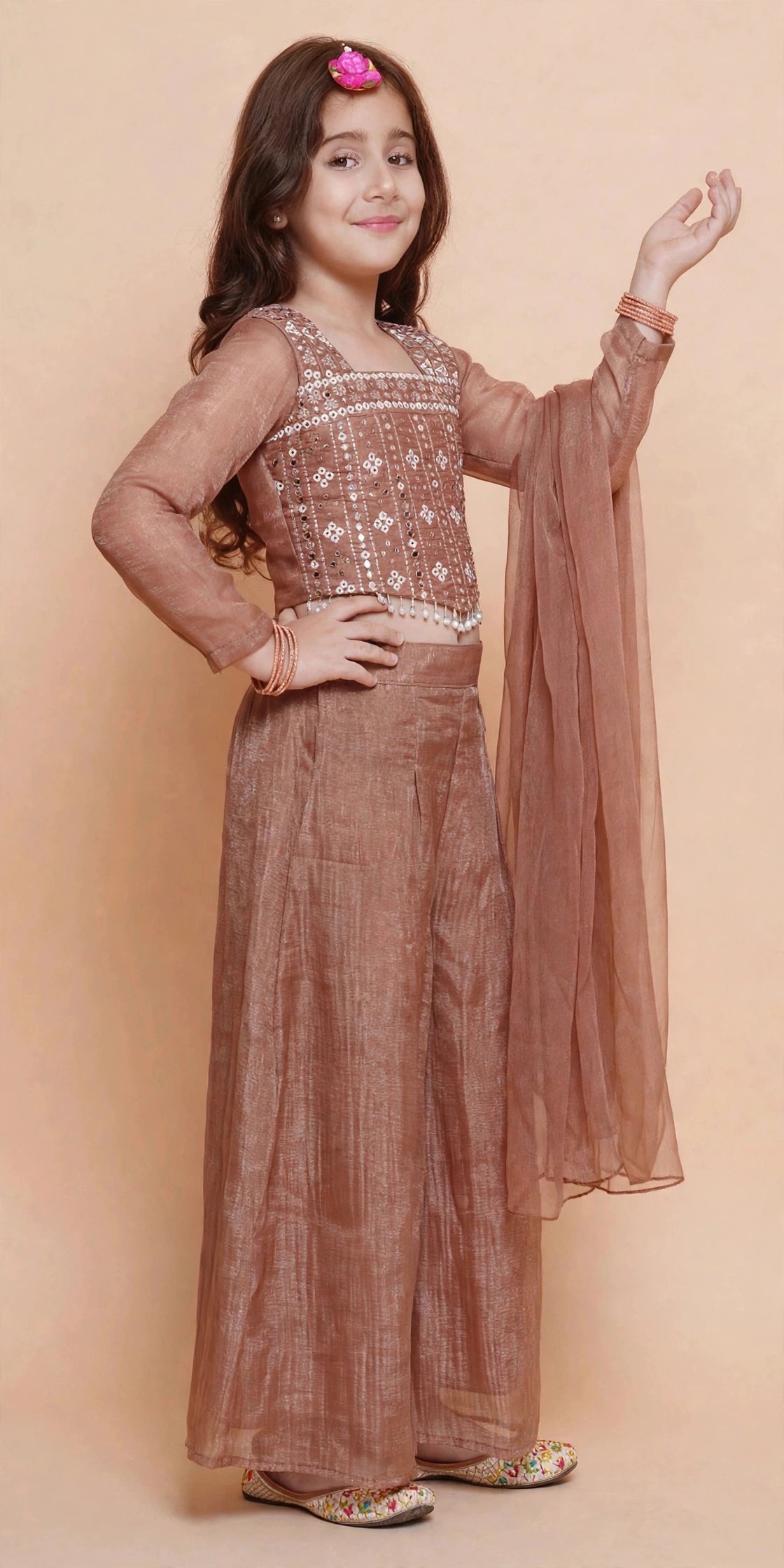 Girls Copper Brown Palazzo Set with Choli, Sleeve Inner Top & Dupatta – White Embroidered Festive Suit for Kids