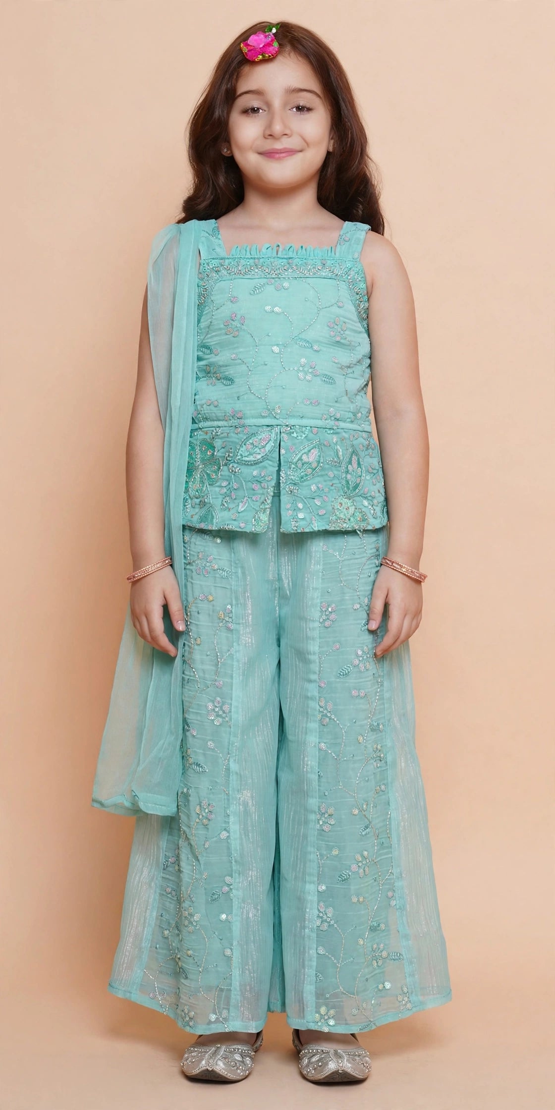 Front view of girls light blue sequin embroidered top and wide-leg palazzo set with sheer dupatta