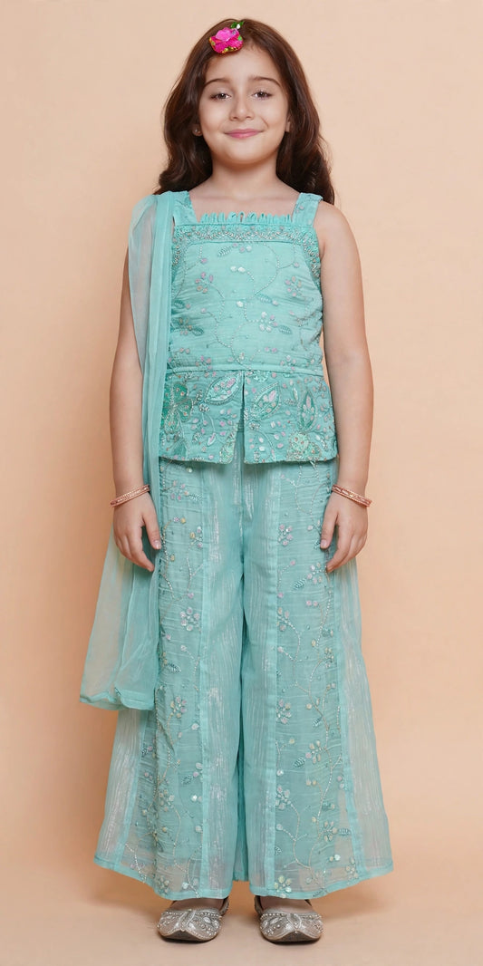 Front view of girls light blue sequin embroidered top and wide-leg palazzo set with sheer dupatta