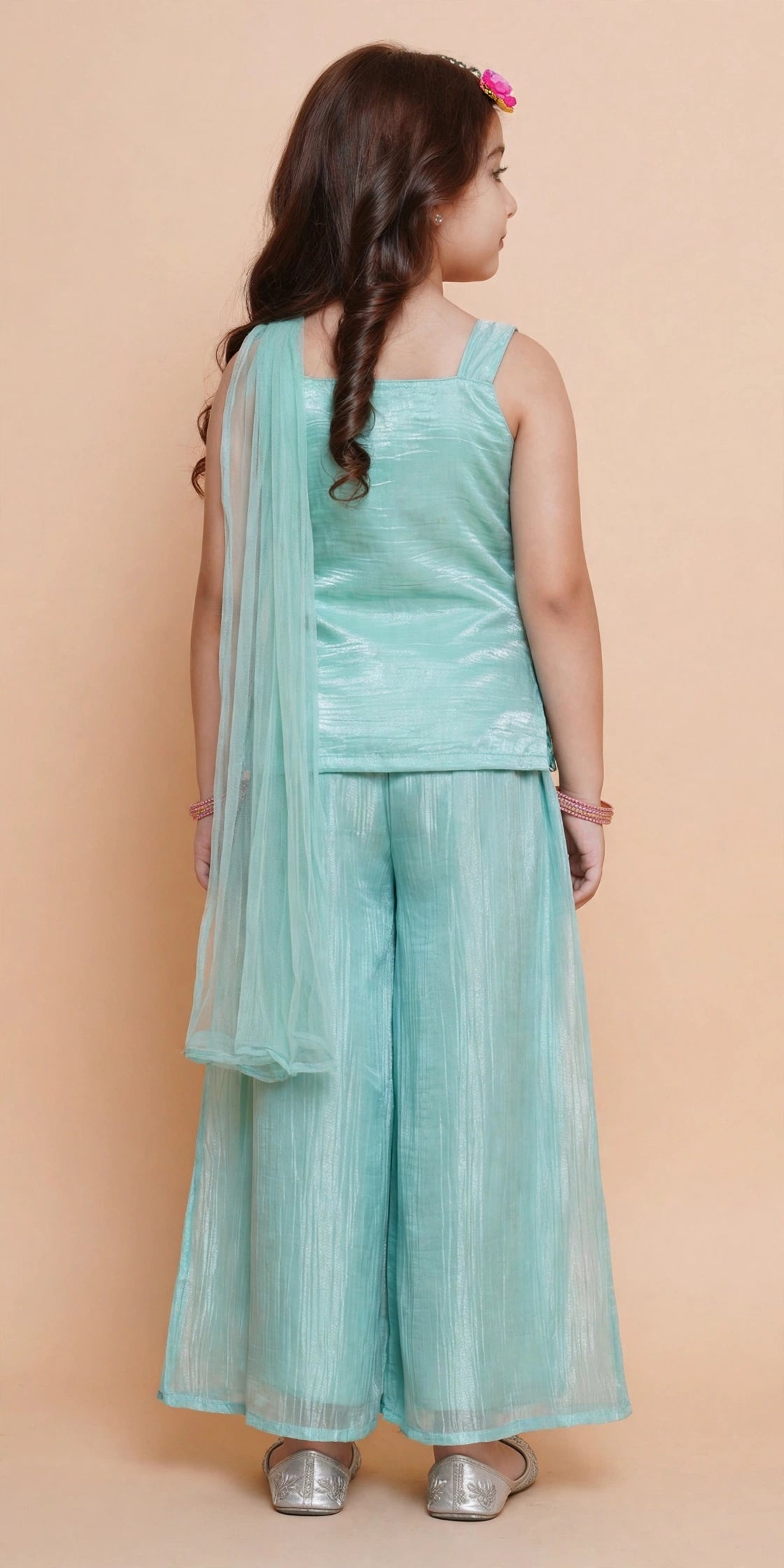 Back view of girls light blue palazzo set showing plain top and pants with sheer dupatta