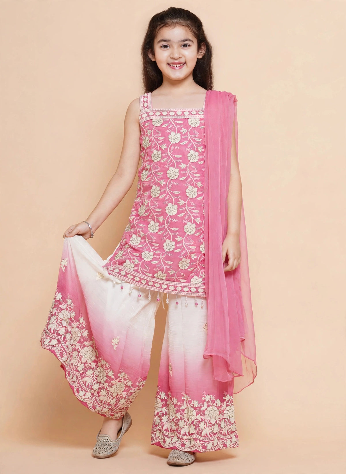 Purple Prunes Girls Pink & White Ombre Embroidered Palazzo Suit with Dupatta