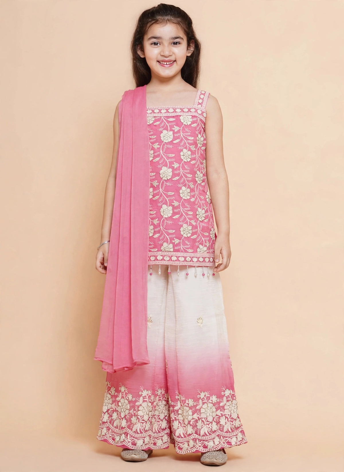 Purple Prunes Girls Pink & White Ombre Embroidered Palazzo Suit with Dupatta
