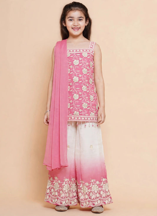 Purple Prunes Girls Pink & White Ombre Embroidered Palazzo Suit with Dupatta