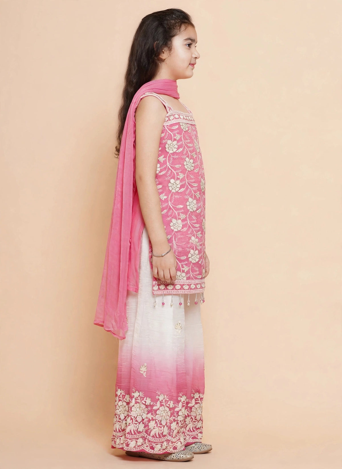 Purple Prunes Girls Pink & White Ombre Embroidered Palazzo Suit with Dupatta