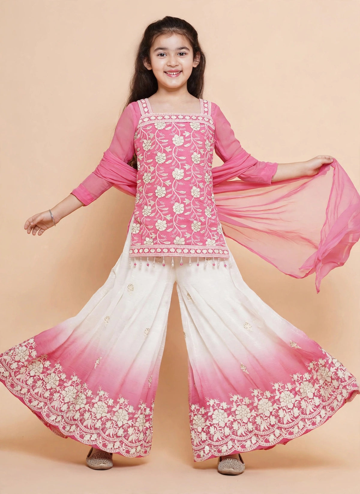 Purple Prunes Girls Pink & White Ombre Embroidered Palazzo Suit with Dupatta