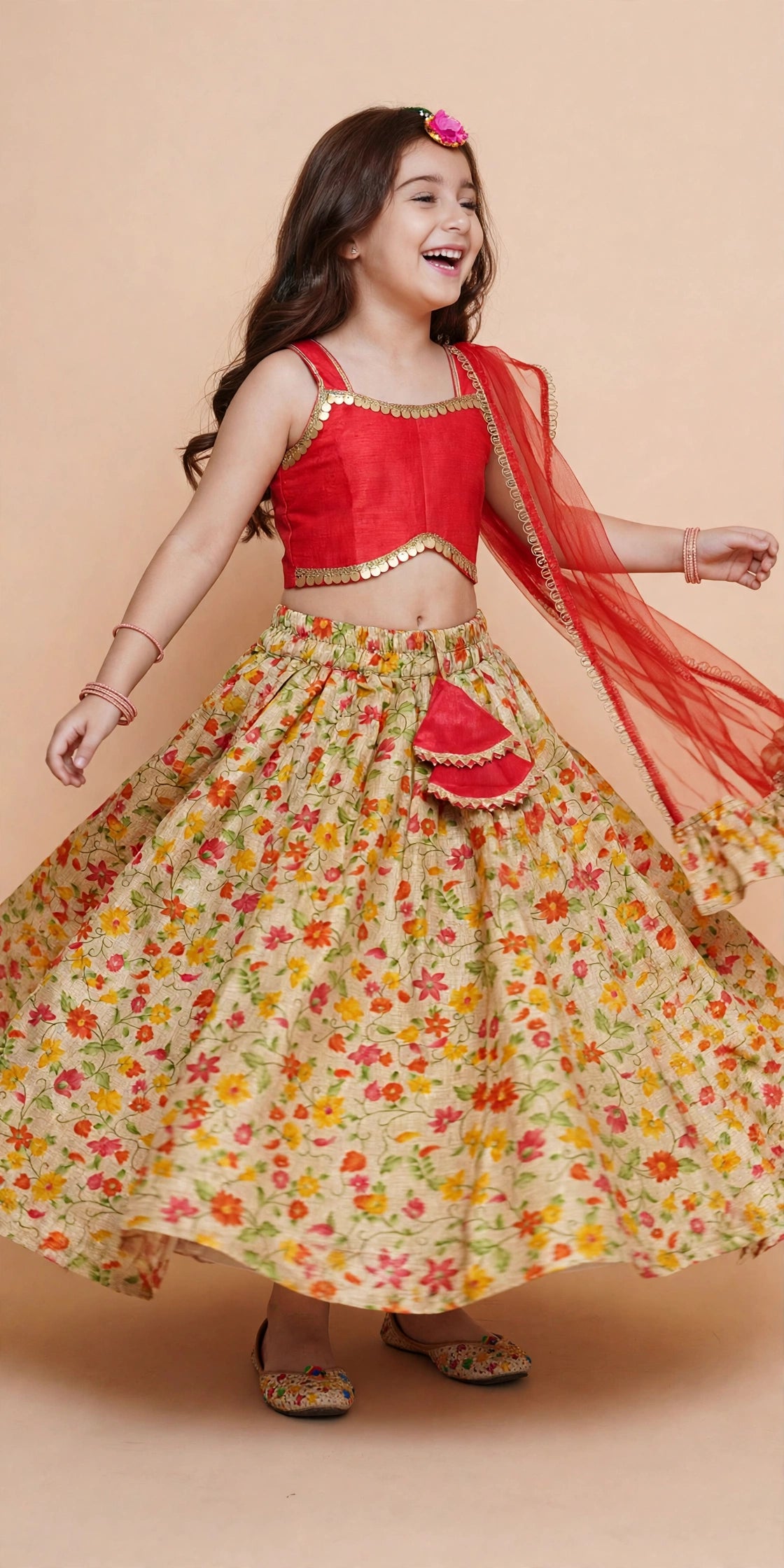Girls Red Coin Trim Choli with Floral Lehenga Skirt & Dupatta – Kids Diwali & Wedding Outfit
