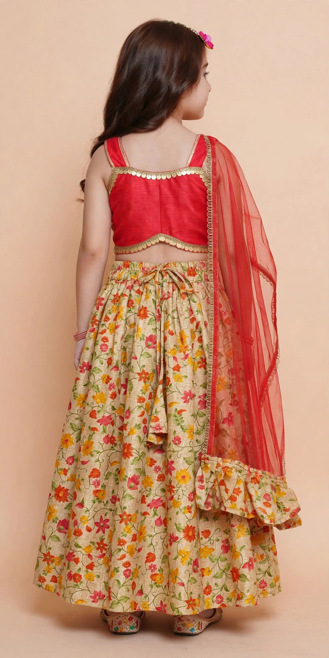 Girls Red Coin Trim Choli with Floral Lehenga Skirt & Dupatta – Kids Diwali & Wedding Outfit