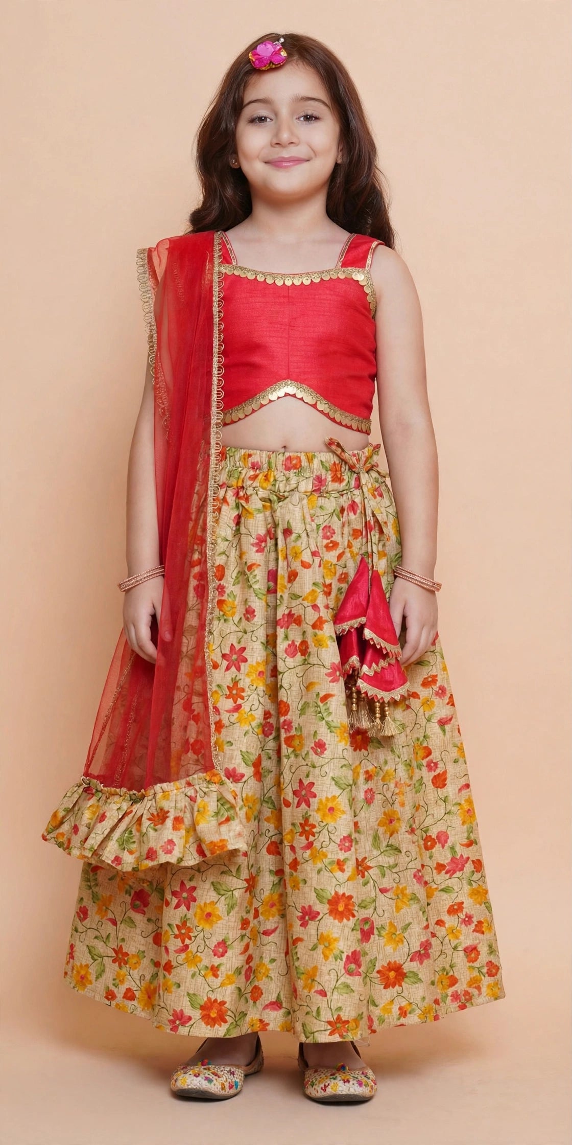 Girls Red Coin Trim Choli with Floral Lehenga Skirt & Dupatta – Kids Diwali & Wedding Outfit