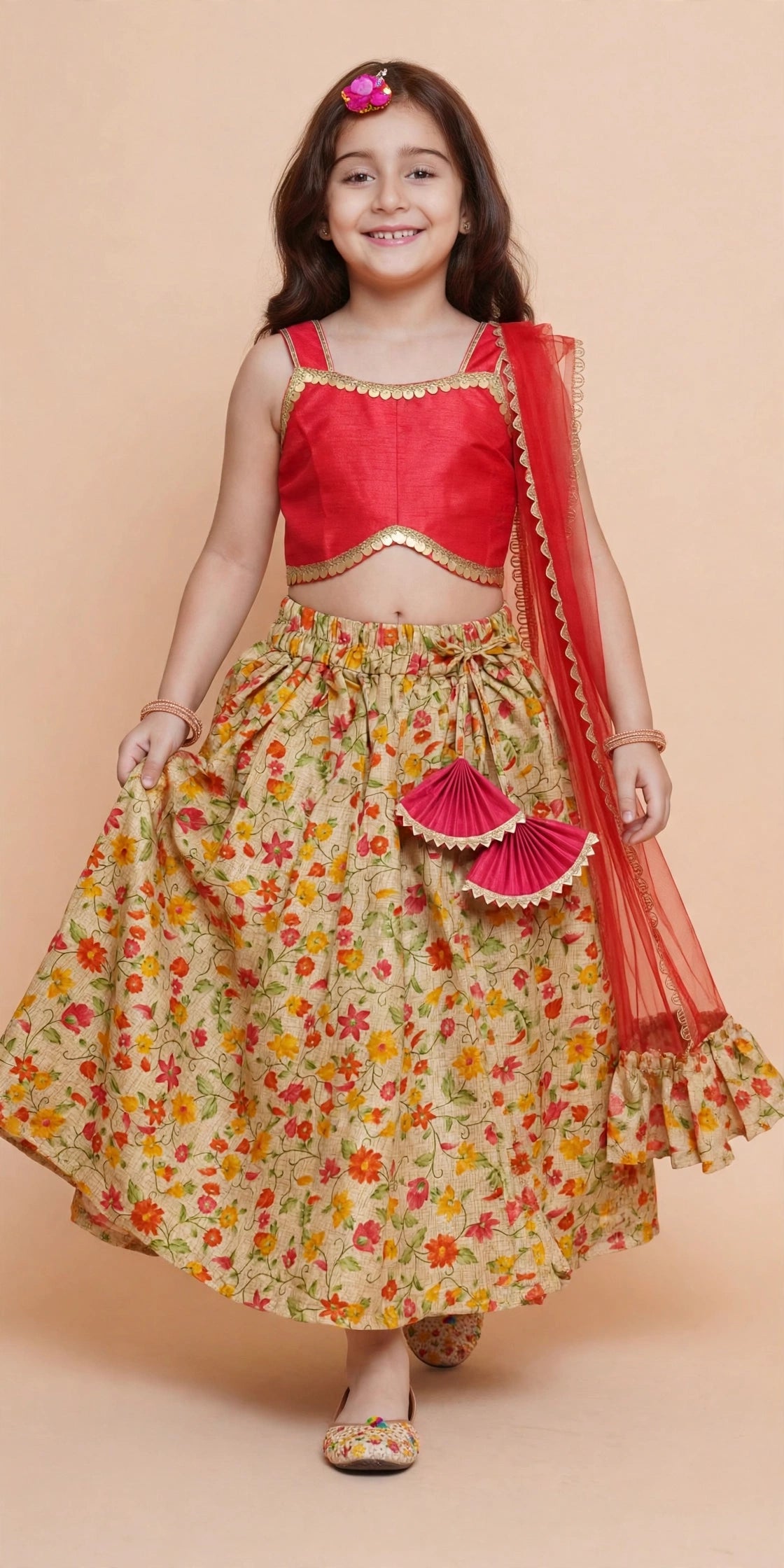 Girls Red Coin Trim Choli with Floral Lehenga Skirt & Dupatta – Kids Diwali & Wedding Outfit