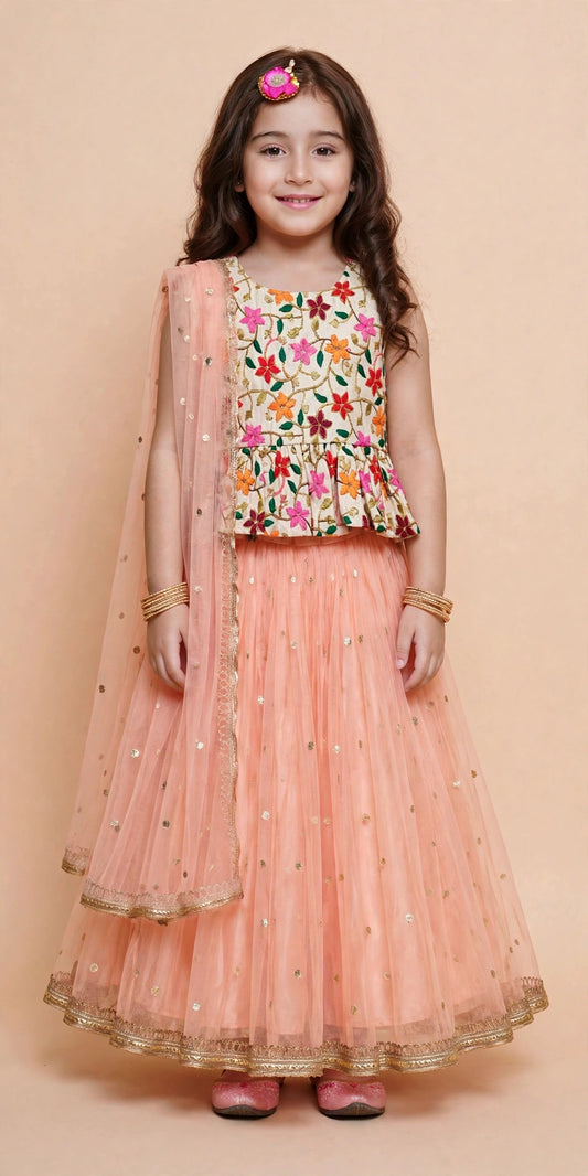Girls Peach Net Lehenga Set with Floral Embroidered Top & Dupatta – Festive Lehenga Choli for Kids