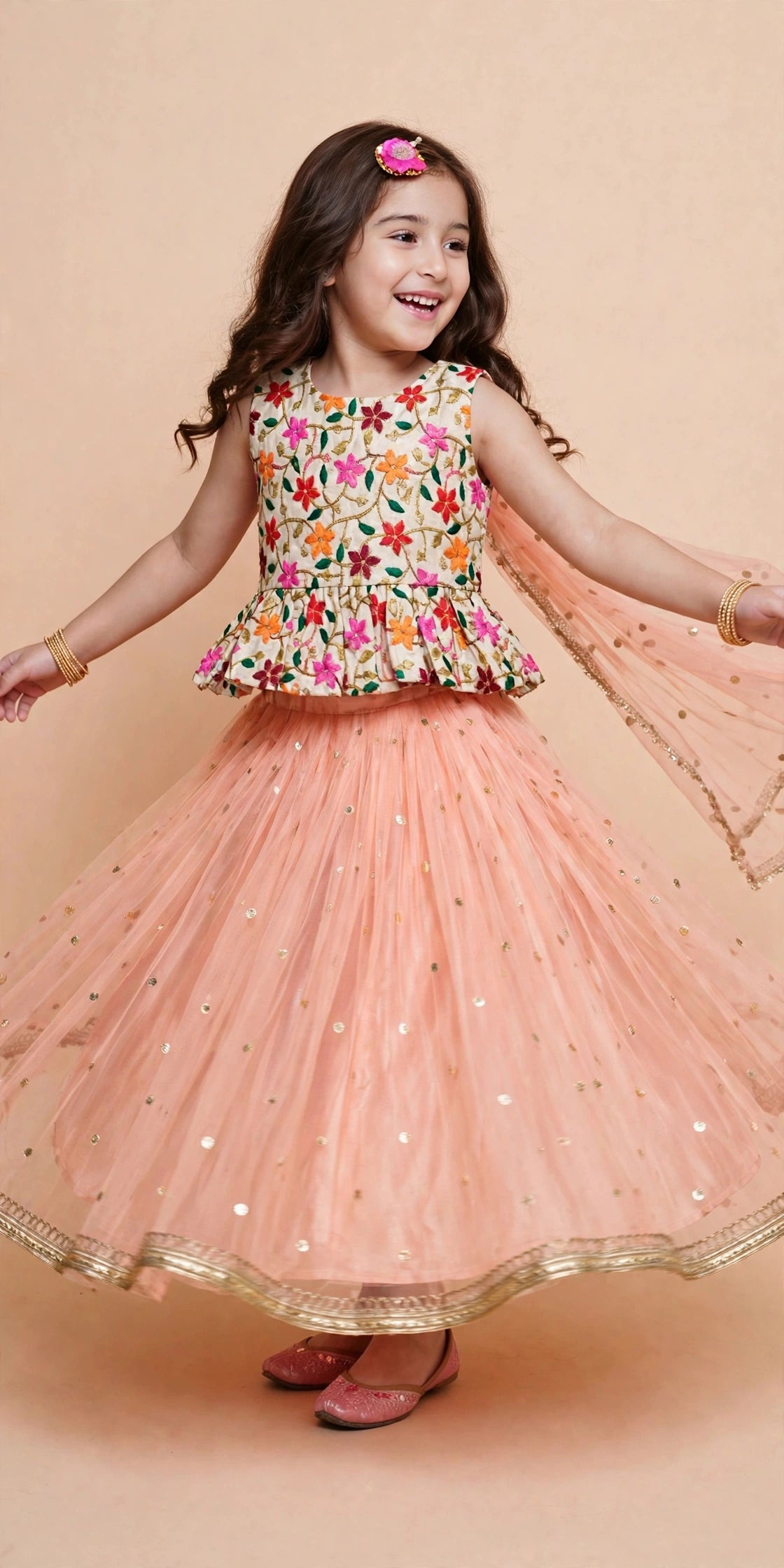Girls Peach Net Lehenga Set with Floral Embroidered Top & Dupatta – Festive Lehenga Choli for Kids