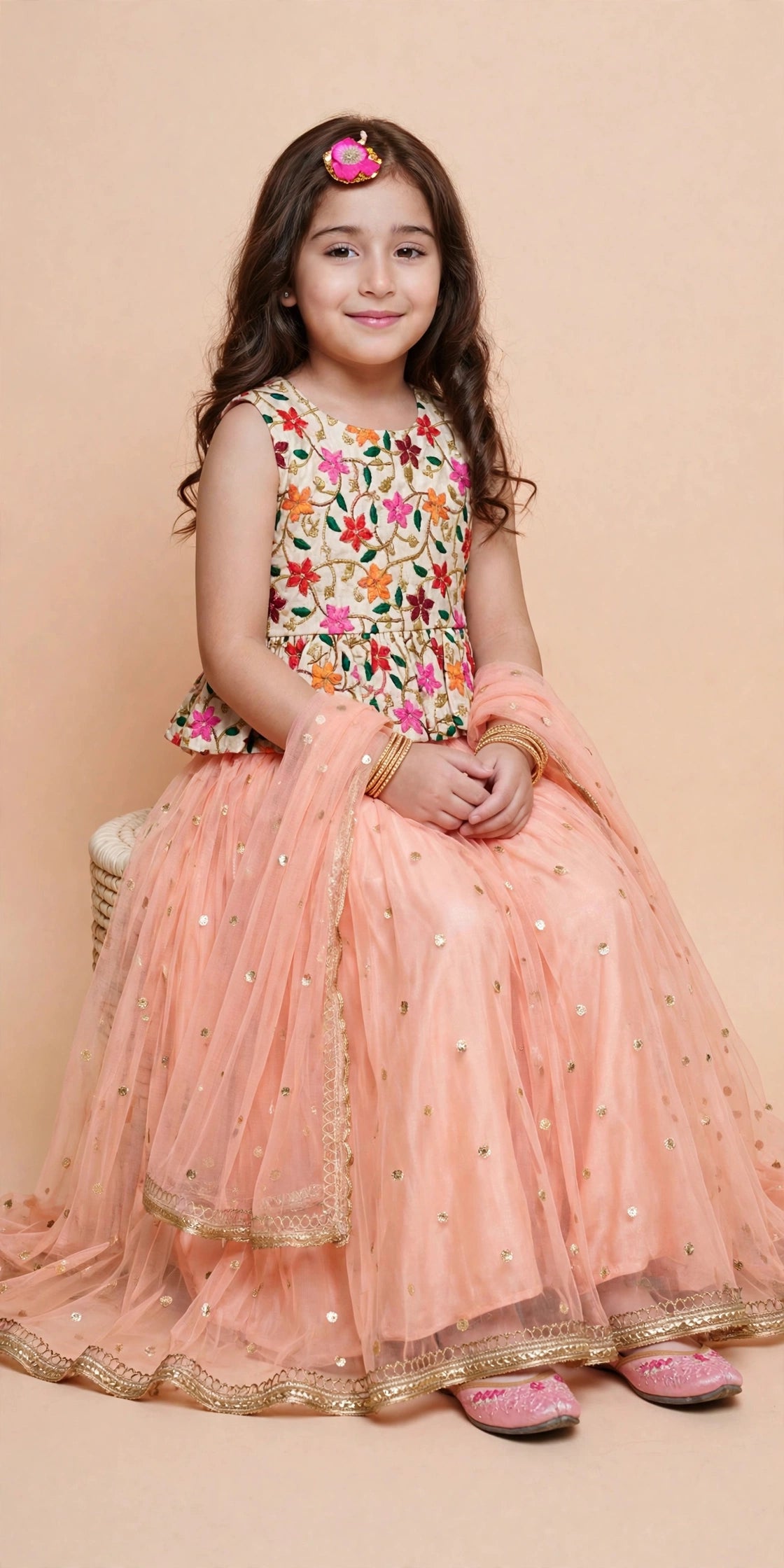Girls Peach Net Lehenga Set with Floral Embroidered Top & Dupatta – Festive Lehenga Choli for Kids