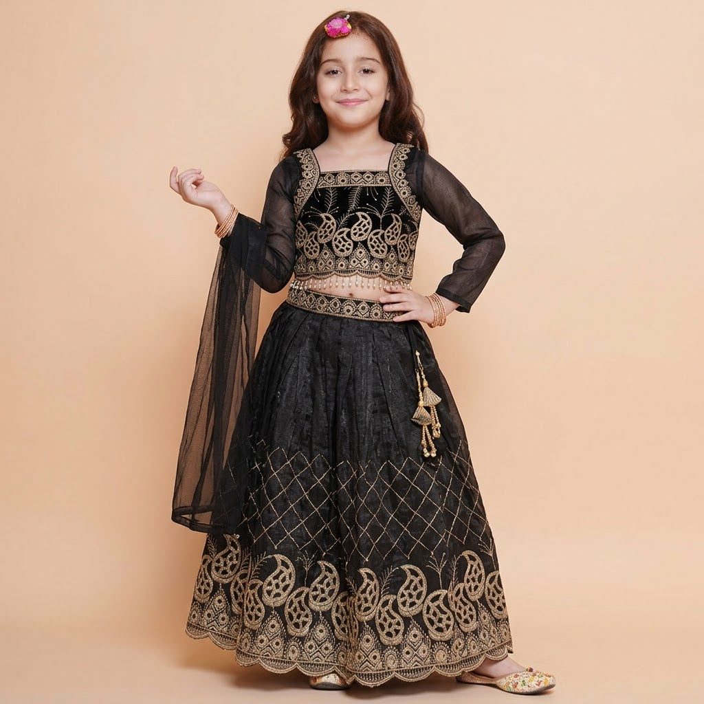 Front view of girls black and gold embroidered lehenga choli with sheer full sleeves and black dupatta