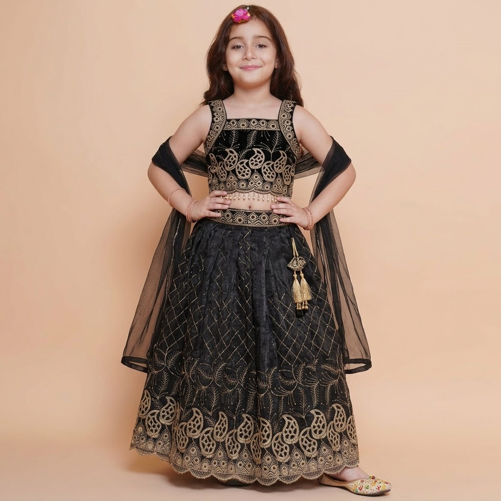 Girls black and gold lehenga choli styled sleeveless with a sheer black dupatta