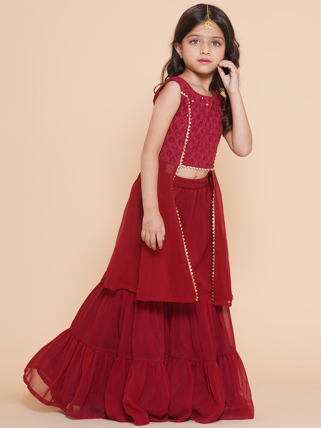 Girls Burgundy Georgette Kurta Dress With Sharara