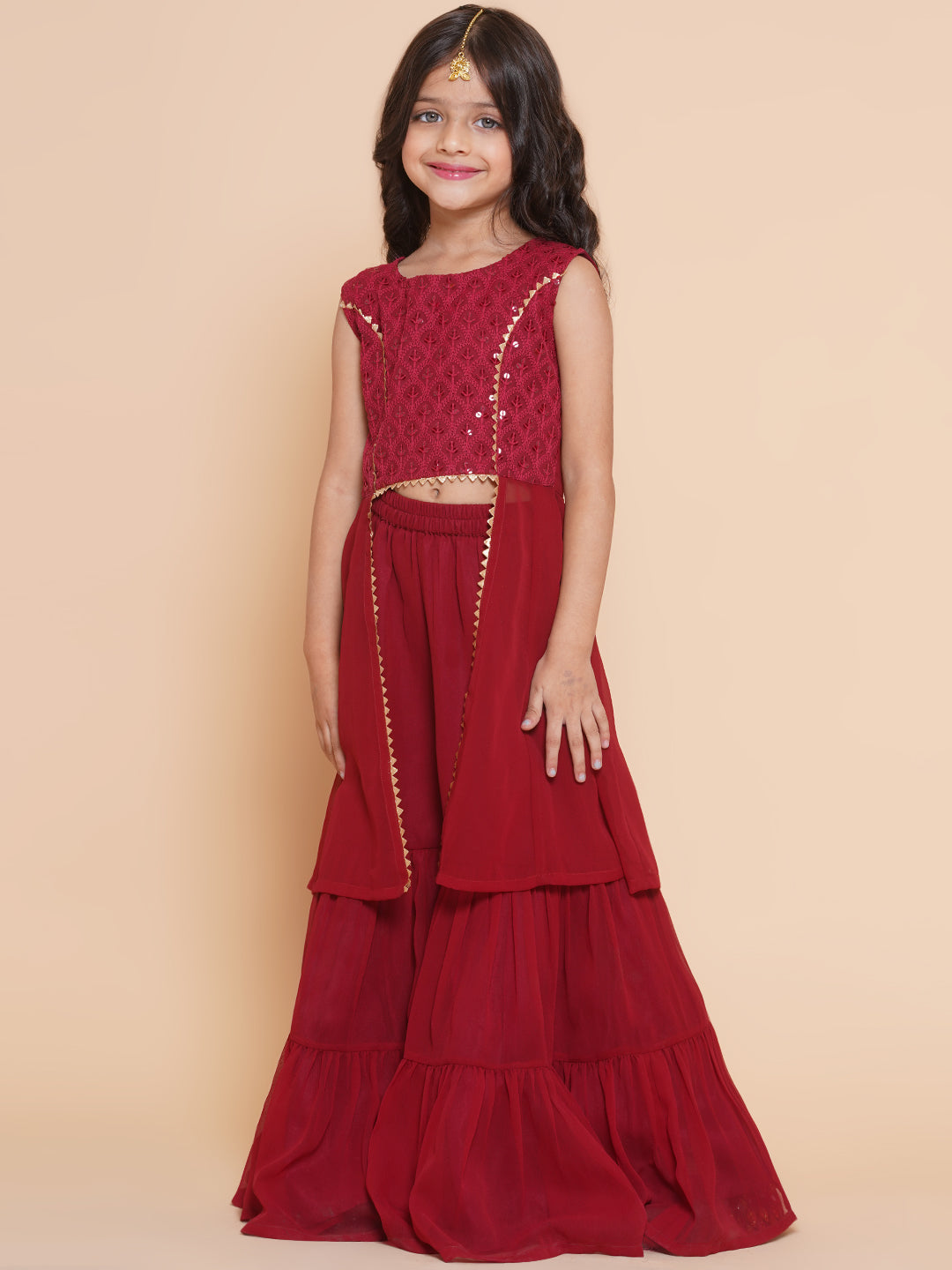 Girls Burgundy Georgette Kurta Dress With Sharara