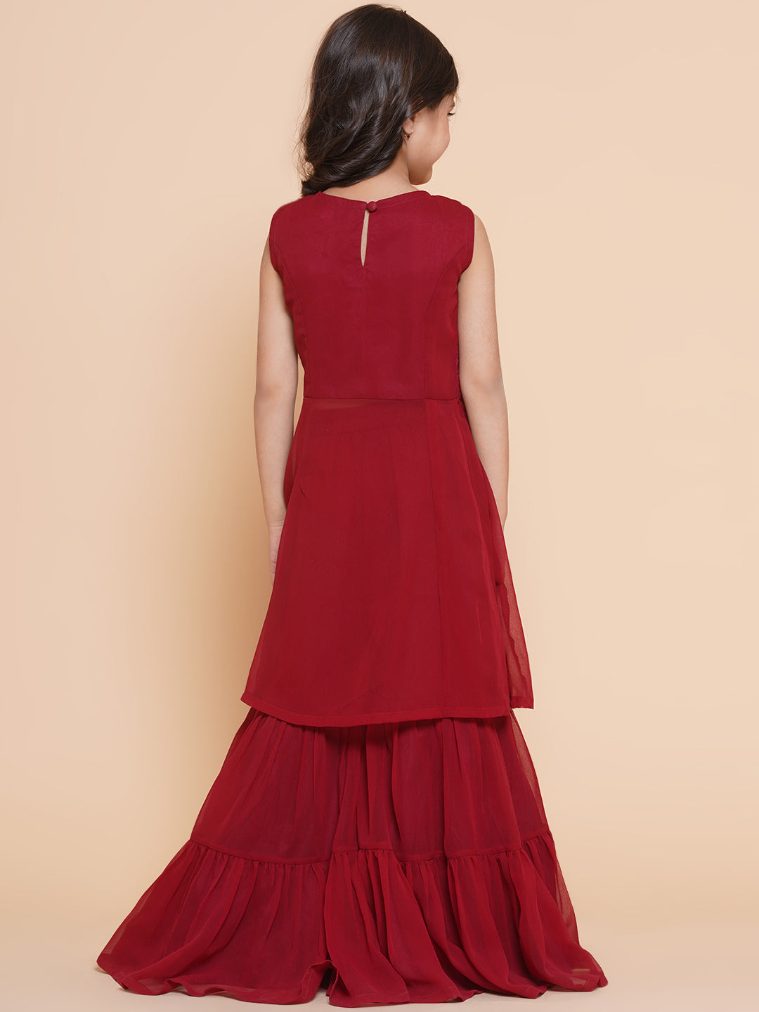 Girls Burgundy Georgette Kurta Dress With Sharara