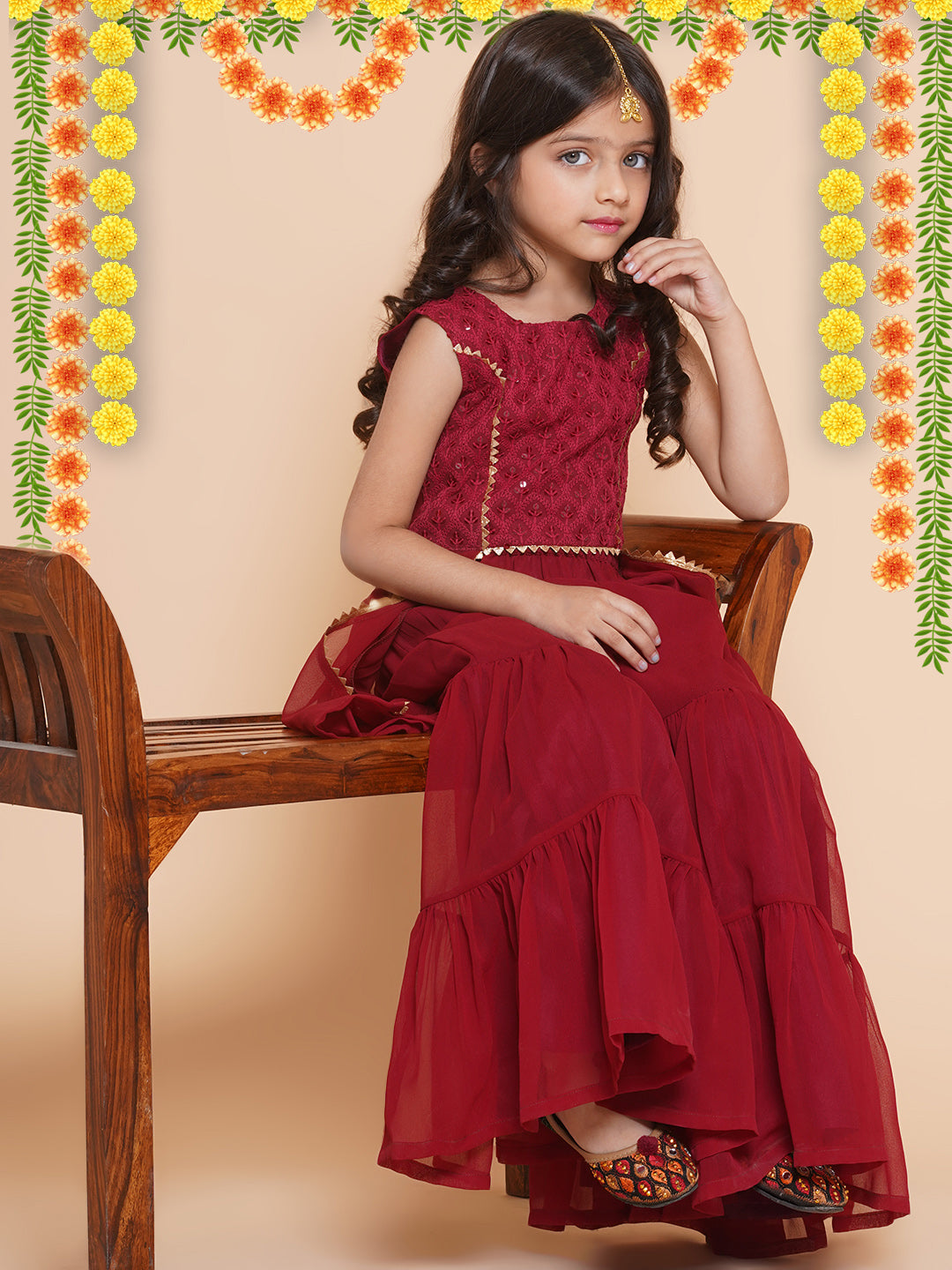 Girls Burgundy Georgette Kurta Dress With Sharara