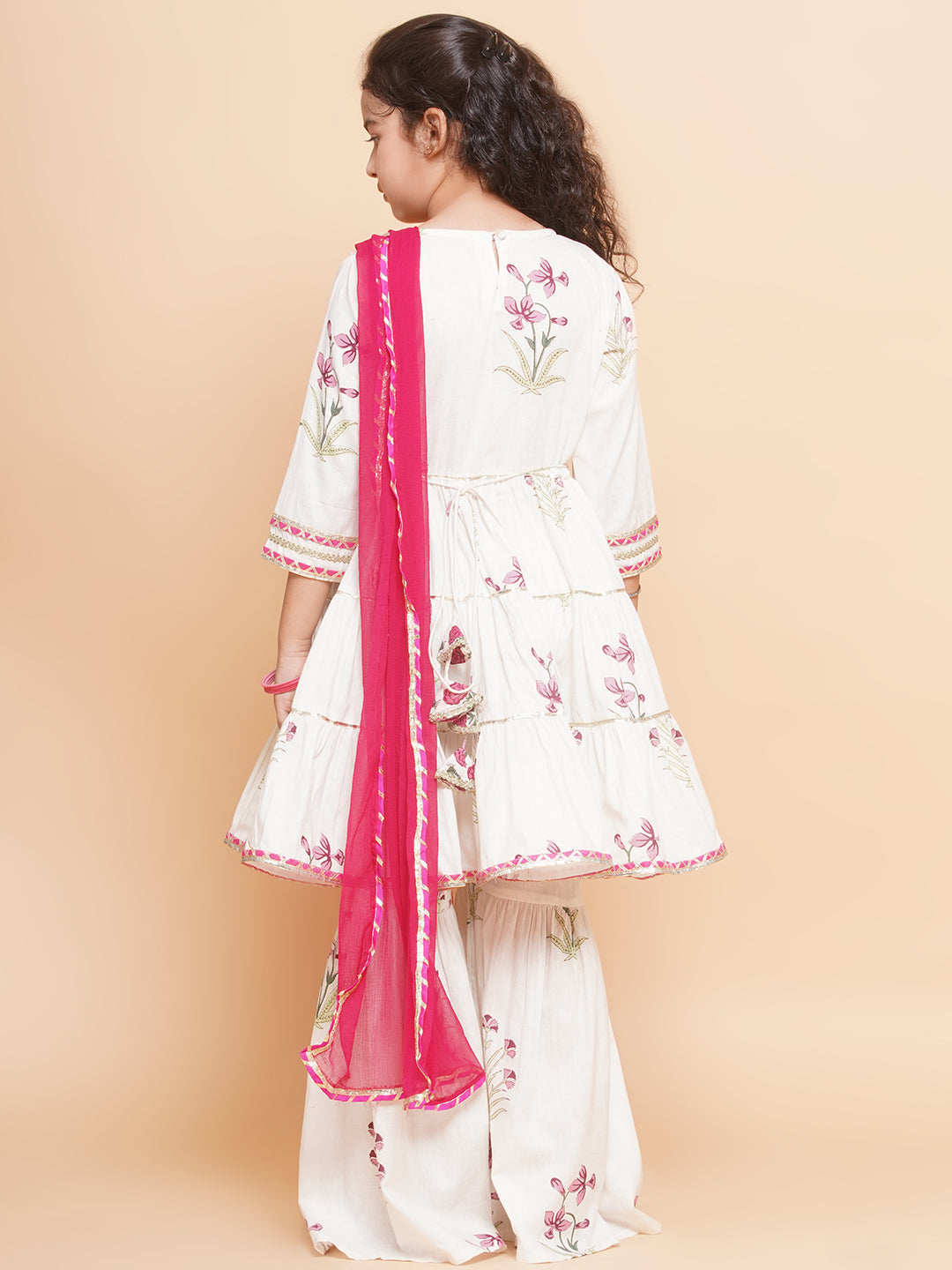 Charming Girls Off-white Pink Printed Punjabi Style Kurta with Sharara and Dupatta