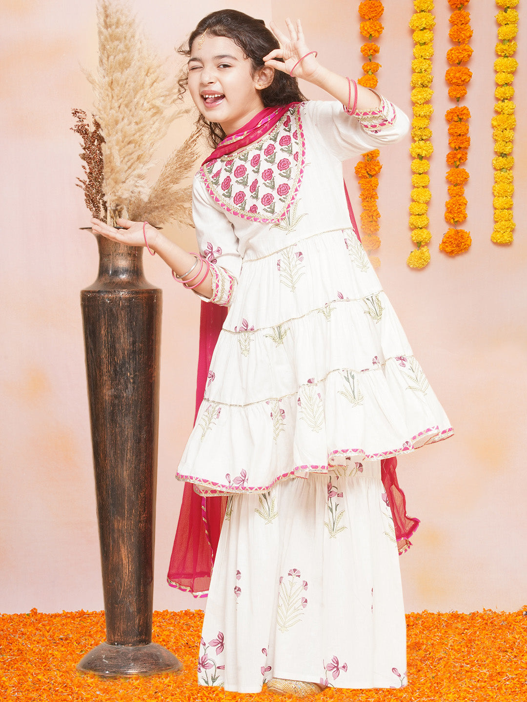 Charming Girls Off-white Pink Printed Punjabi Style Kurta with Sharara and Dupatta