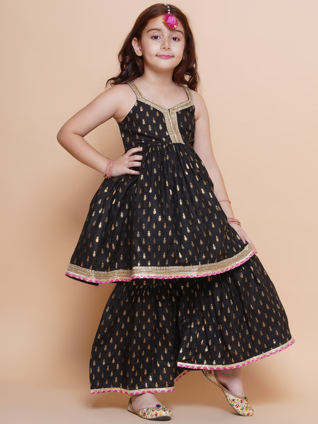 Girls Black foil Printed Pure Cotton Kurta with Sharara with Pink Dupatta
