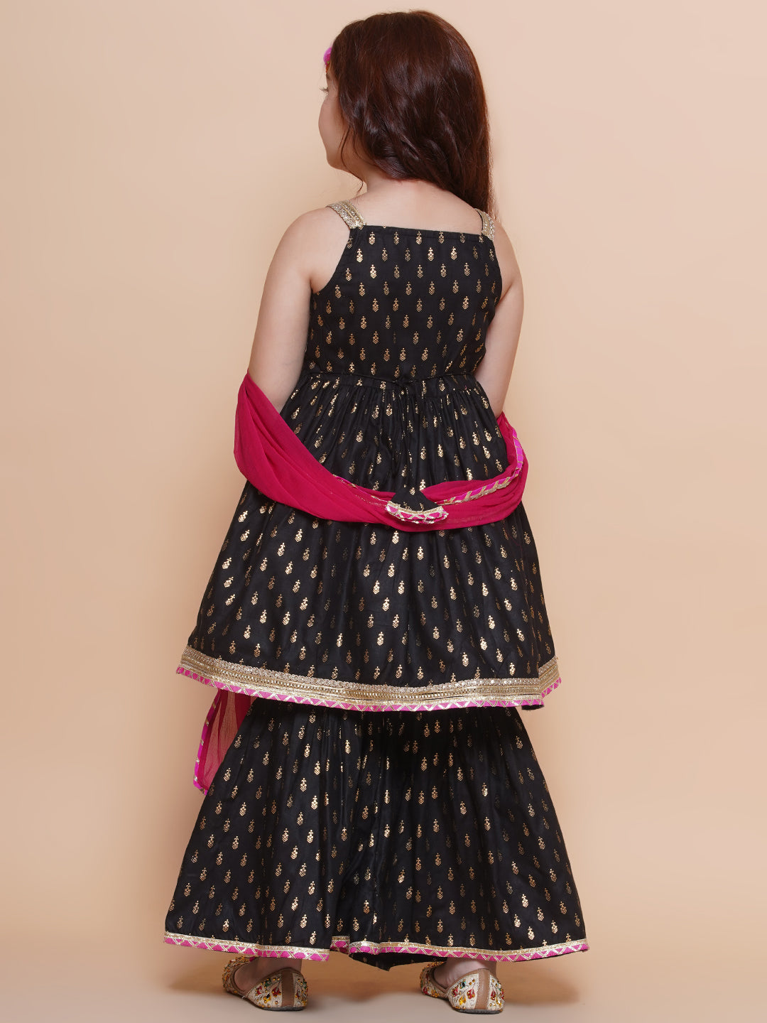 Girls Black foil Printed Pure Cotton Kurta with Sharara with Pink Dupatta