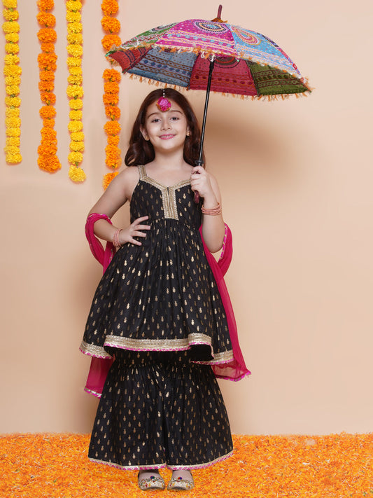 Girls Black foil Printed Pure Cotton Kurta with Sharara with Pink Dupatta