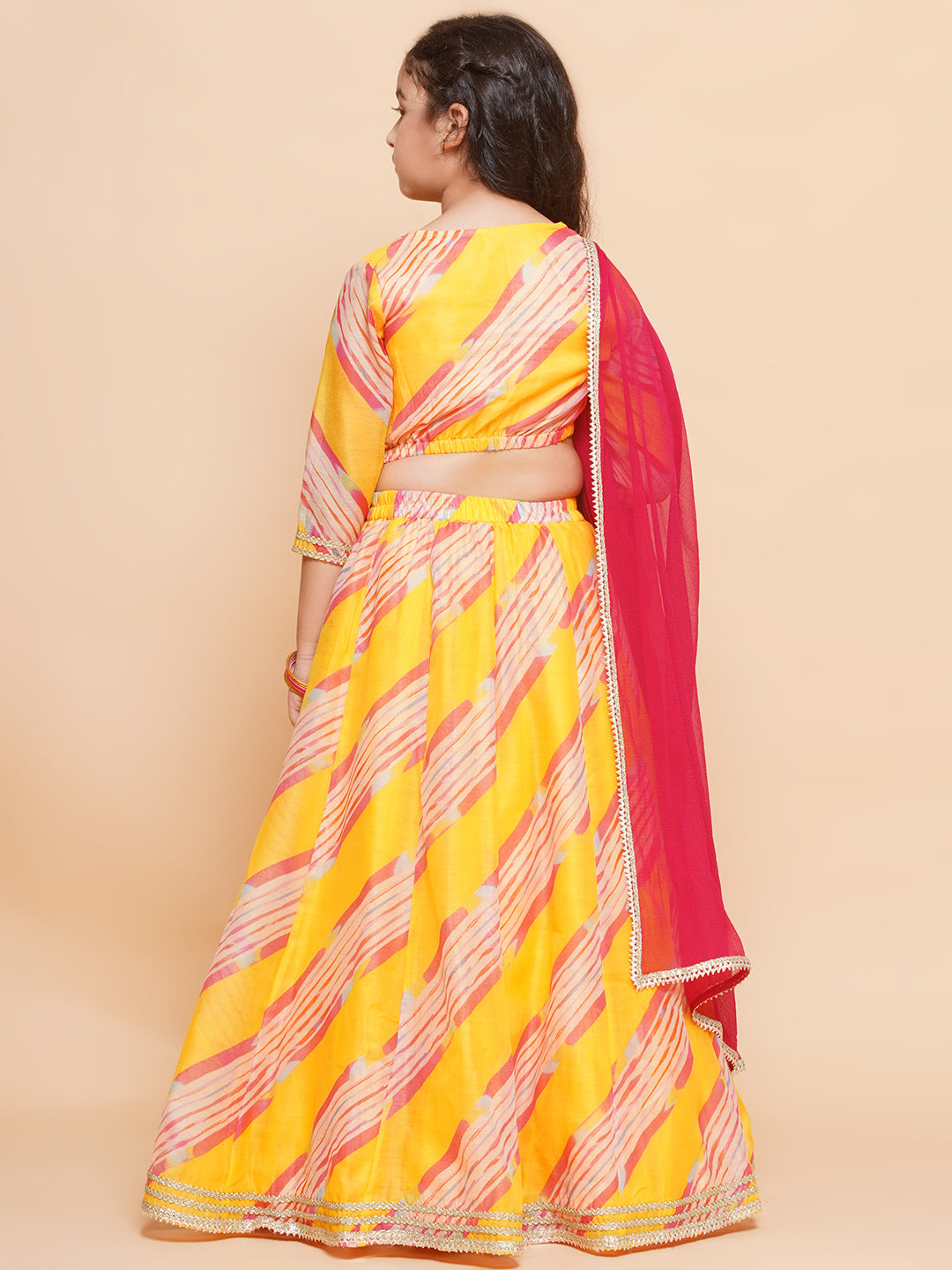 Girls Yellow Lehenga Choli Dress with Pink Dupatta