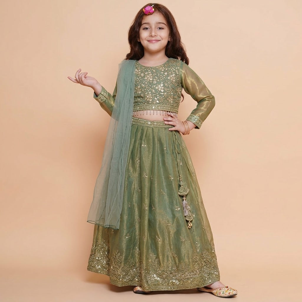 Front view of girls full-sleeve sage green lehenga with matching sheer dupatta